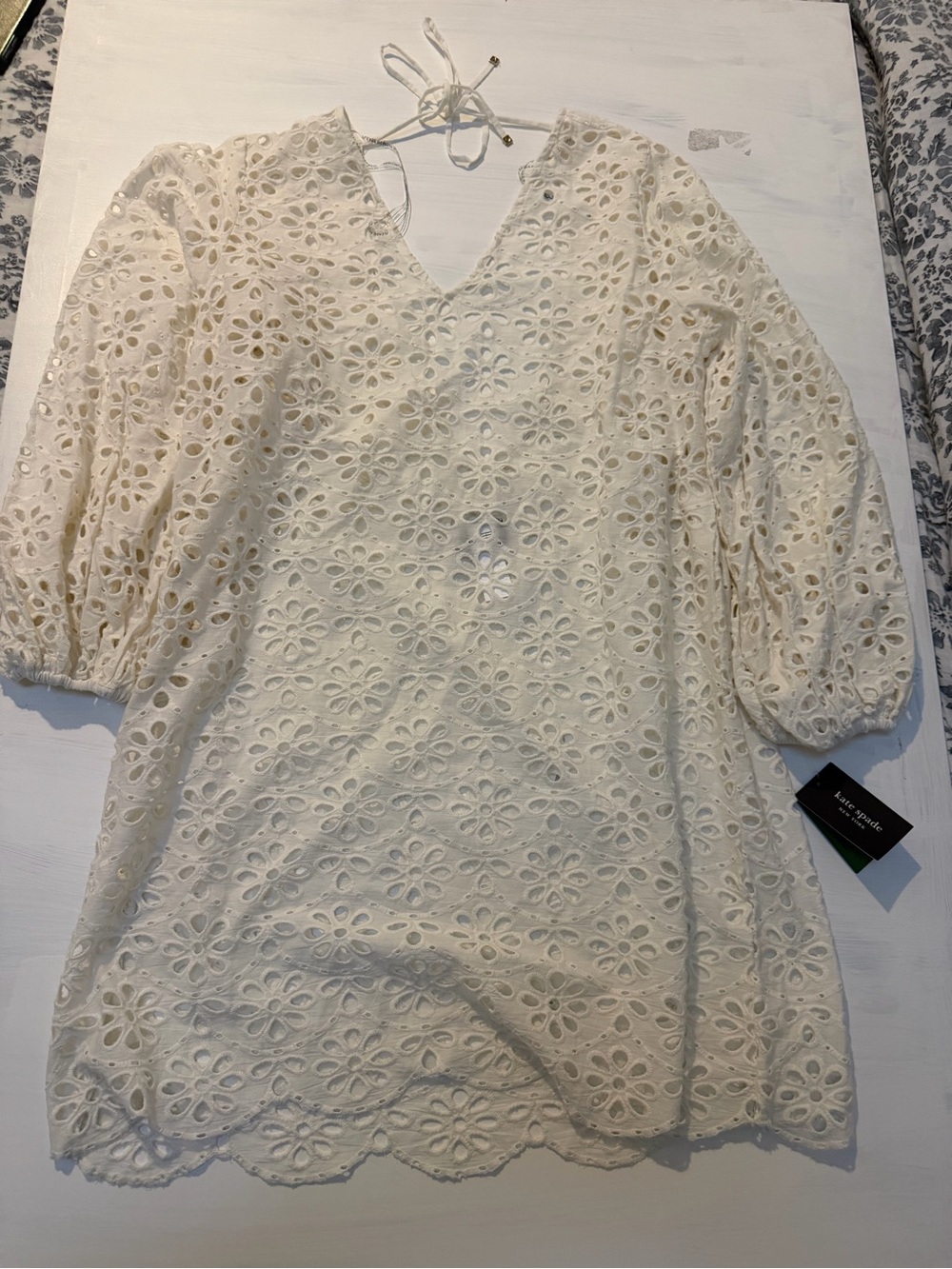kate spade White Eyelet V-Neck Swim Coverup with Balloon Sleeves eyelet cover up - Picture 6 of 16
